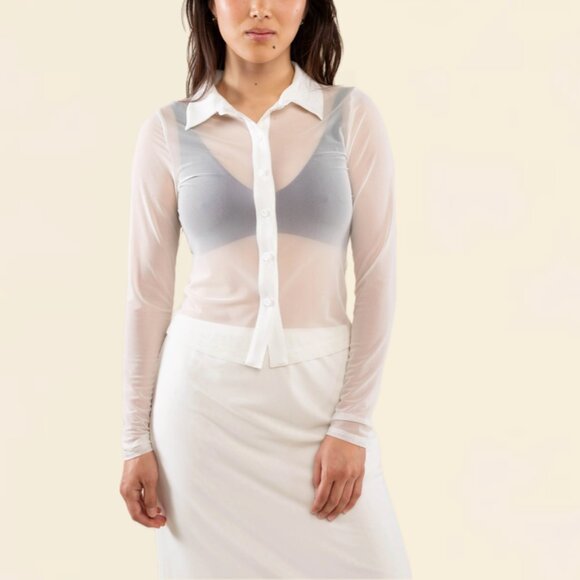 (NWOT) NLT Collared Mesh Sheer Button-Down Long Sleeve Blouse (White) - Picture 2 of 14